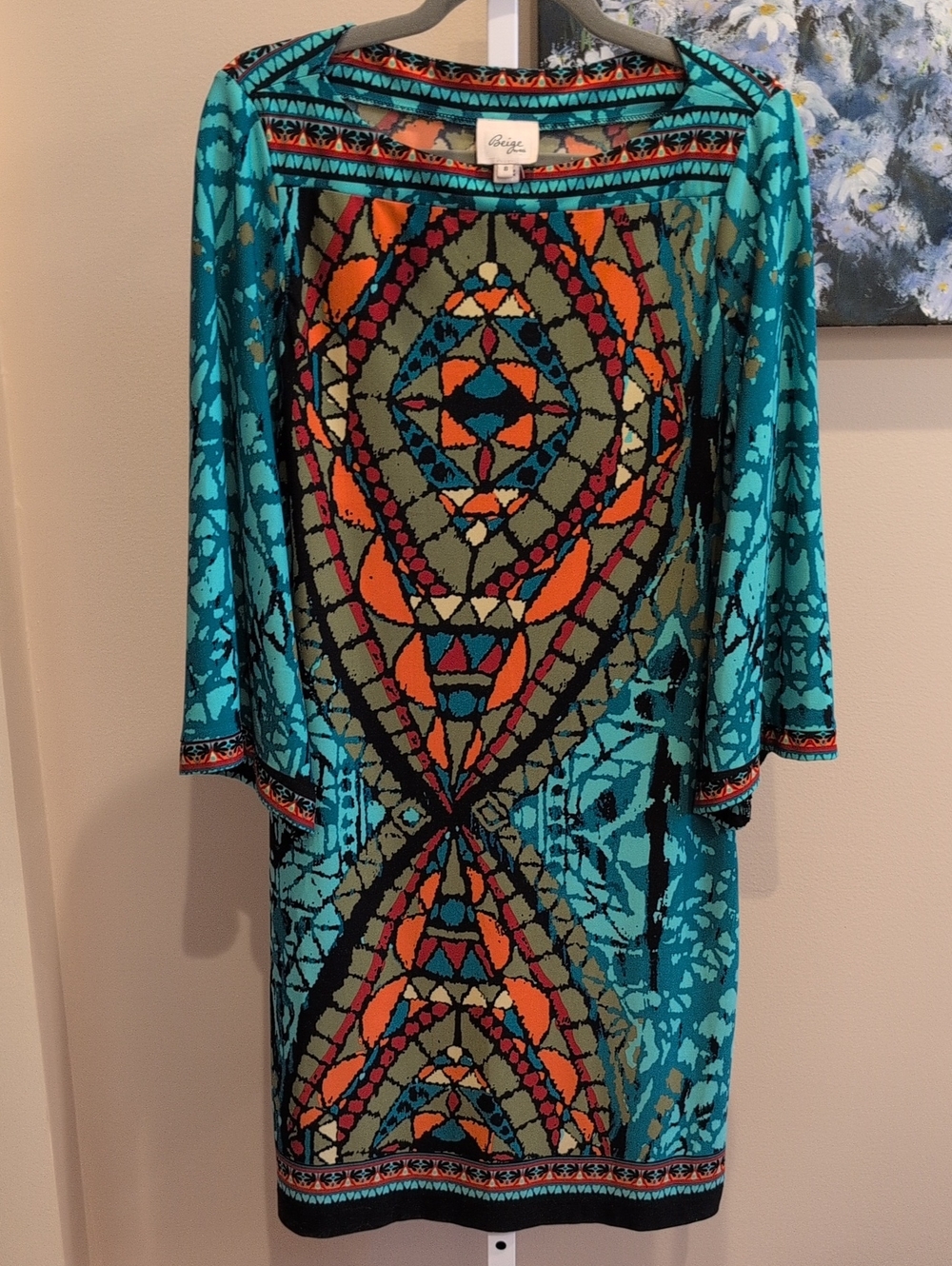 Beige by eci Teal Multicolor Geometric Long Sleeve Shift Dress